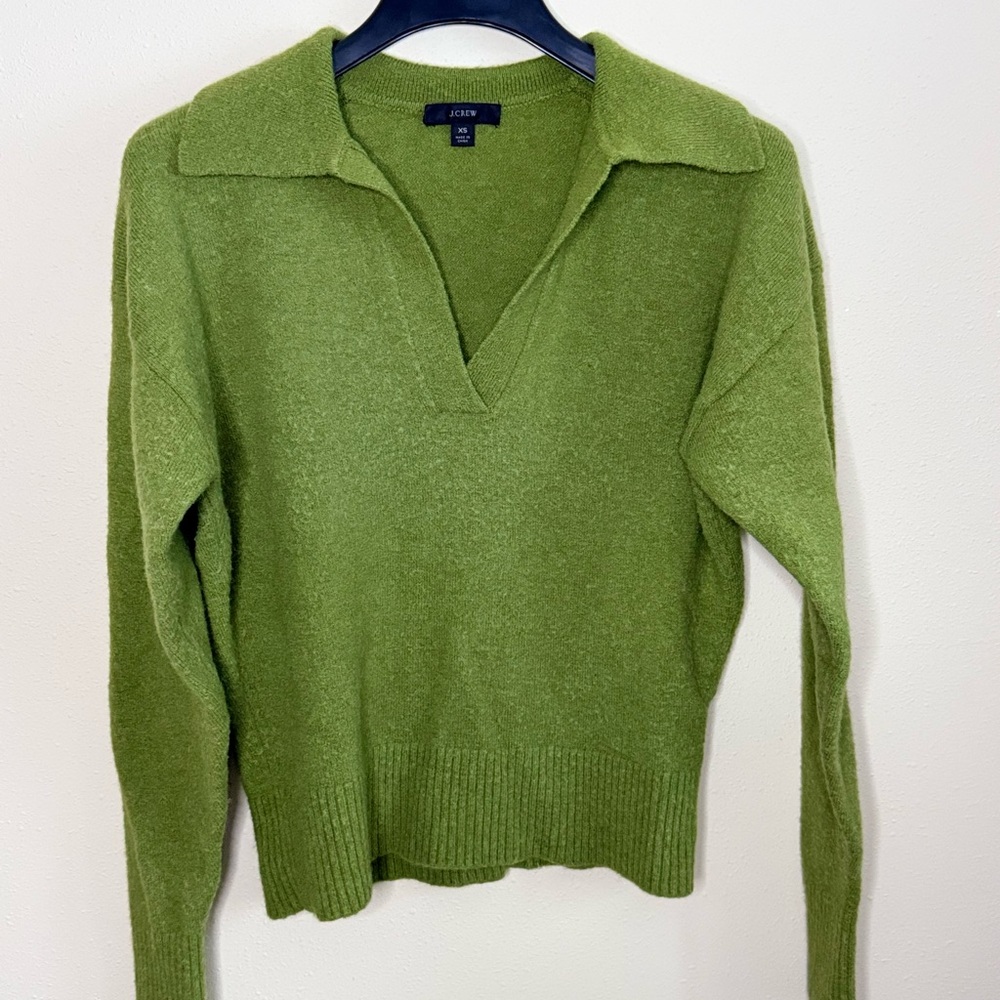 J.Crew Alpaca Merino Wool Collared Sweater Moss Green Fuzzy Knit XS